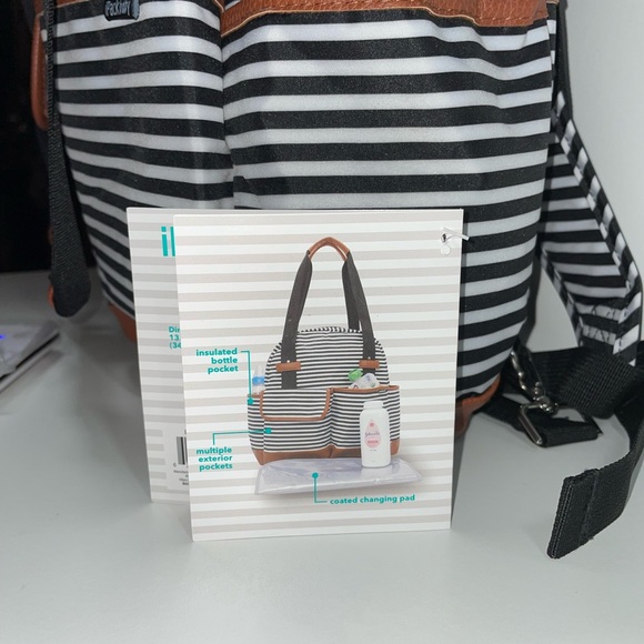iPack Backpack Diaper Bag Black and White Striped with Leather Accents Med. Size - Picture 9 of 15
